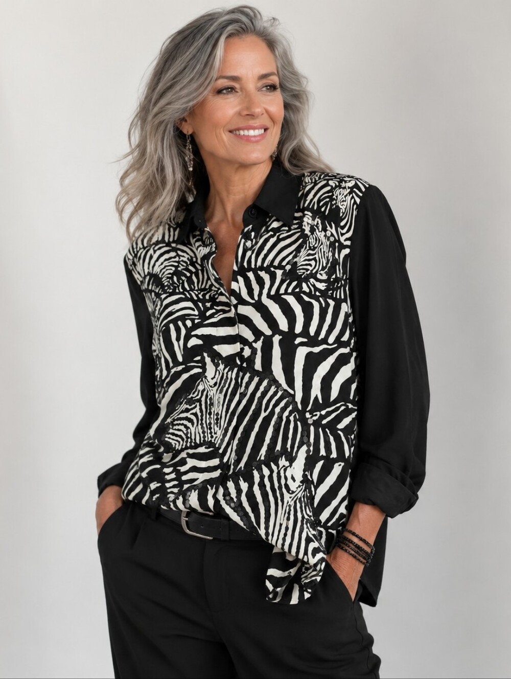Diane Gilman 100% Silk Zebra Print Sequin Blouse Button Front NWT Size S